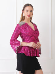Gaiia Embellished Shoulder Metallic Wrap Top