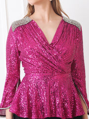 Gaiia Embellished Shoulder Metallic Wrap Top