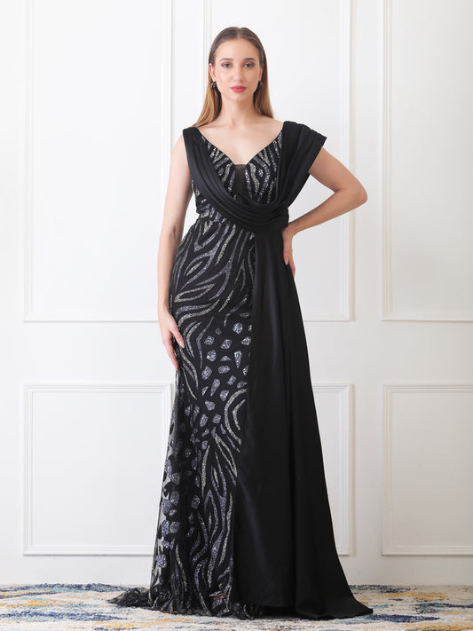 Gaiia Sequined Gown With Asymmetrical Draping - Black
