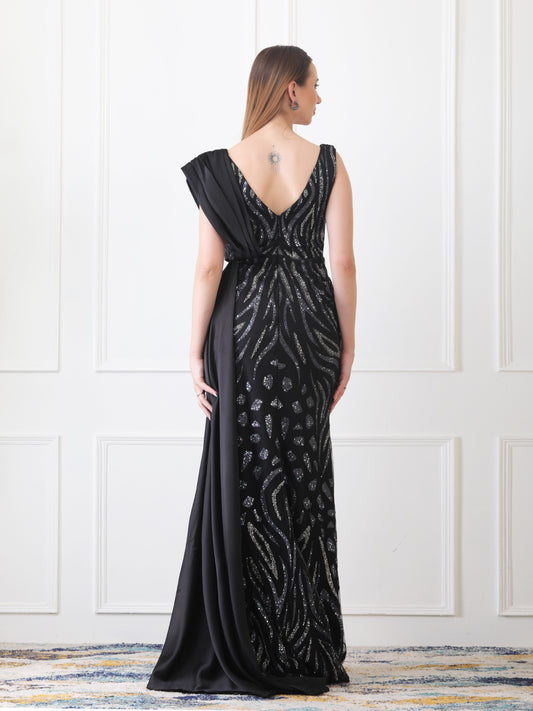 Gaiia Sequined Gown With Asymmetrical Draping - Black