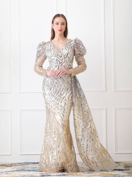 Gaiia Two-Tone Sequin Gown With Puff Sleeves - Silver