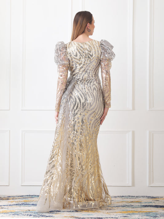 Gaiia Two-Tone Sequin Gown With Puff Sleeves - Silver