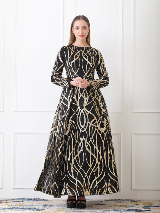 Gaiia Gilded Abstract-Pattern Gown - Black