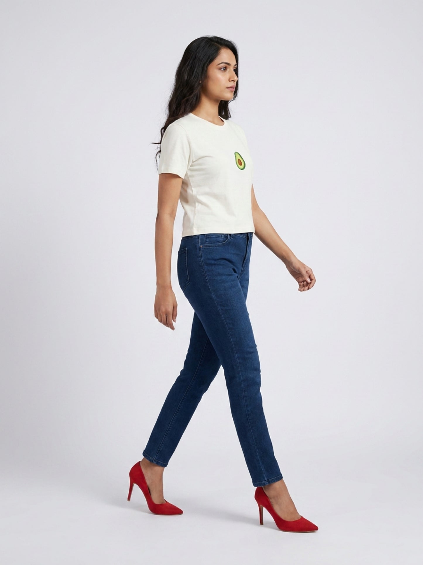 Women White With Green Avocado Motif Cotton Crop Top