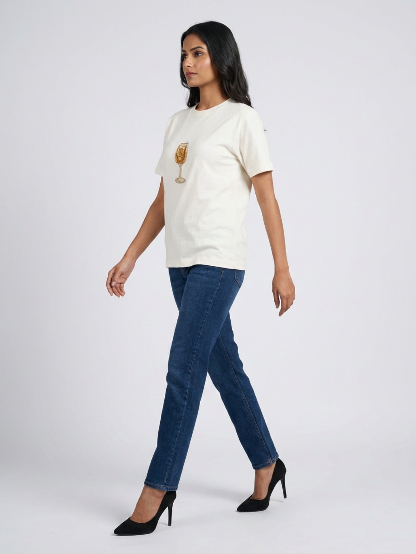 Women White With Gold Cocktail Motif Embellished Regular Fit Tshirts