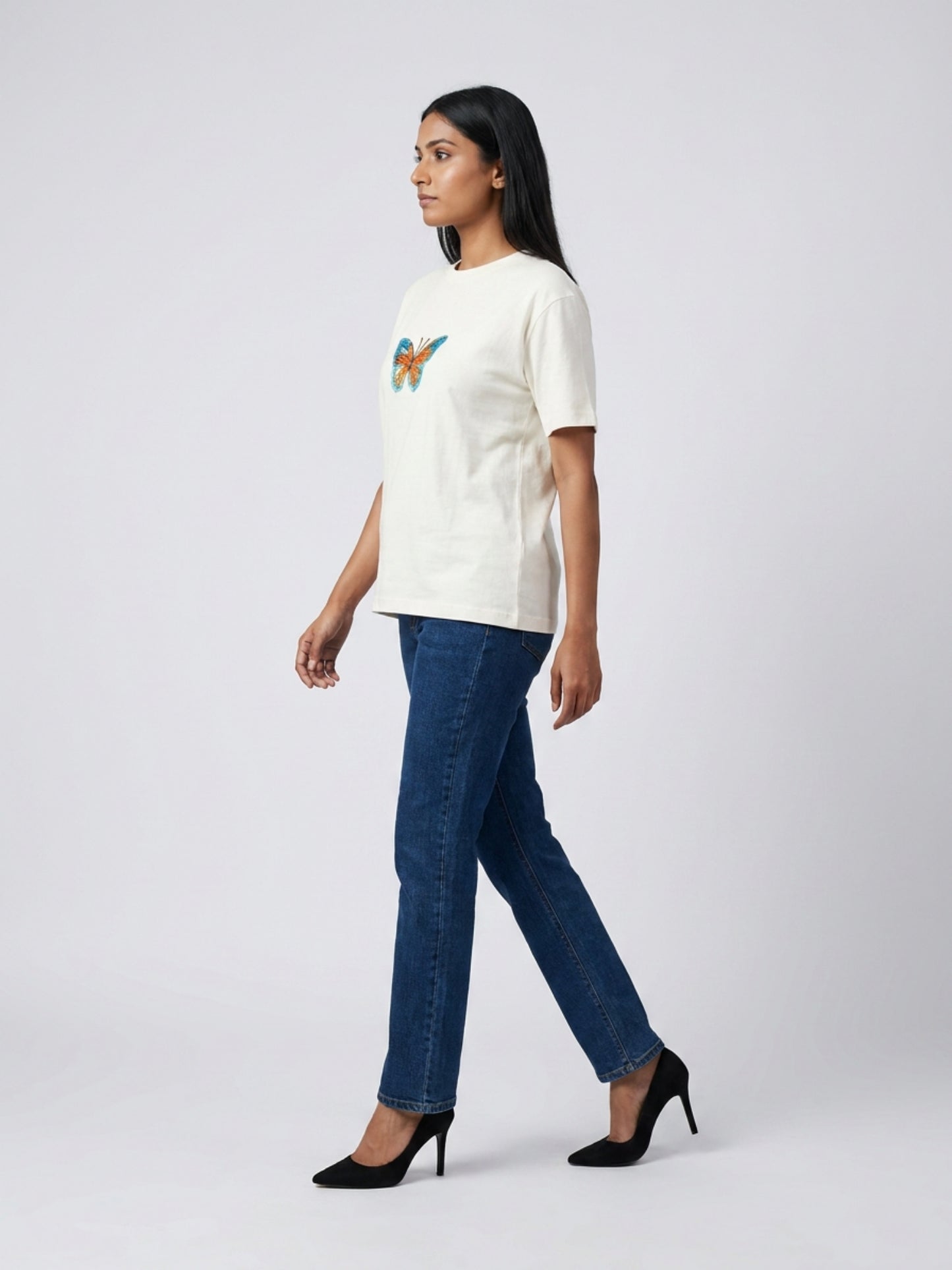 Women White With Multi Butter Fly Embellished Tshirt