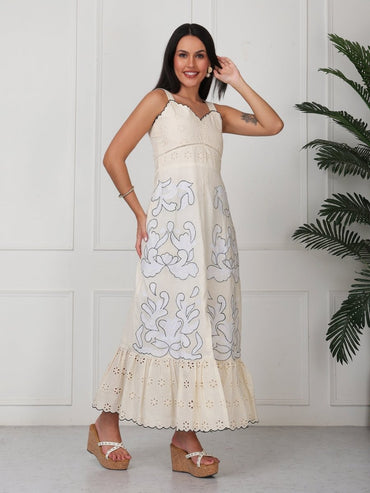 Beige Floral Embroidery A - Line Midi Dress - GAIIA