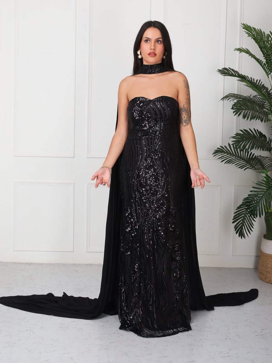 Black Embellished Tube Maxi Dress With Cape - GAIIA