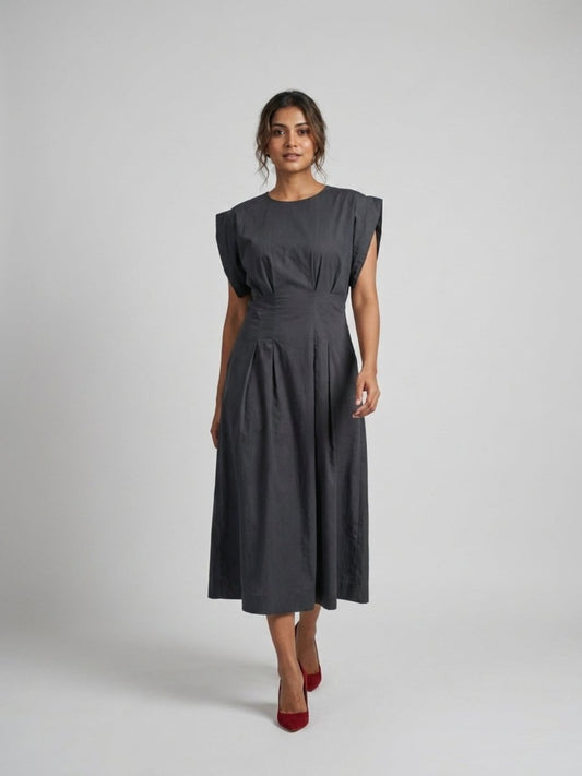 Black Solid Structured Sleeve Cotton Maxi Dress - GAIIA