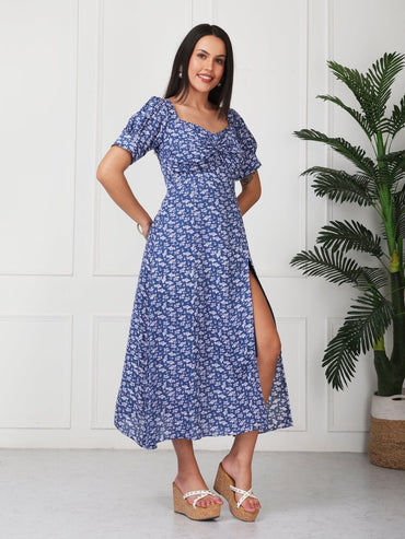 Blue Printed V Neck Side Slit Maxi Dress - GAIIA