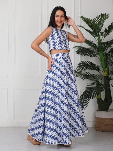 Blue & White Printed Sleeveless Co - Ord Set - GAIIA