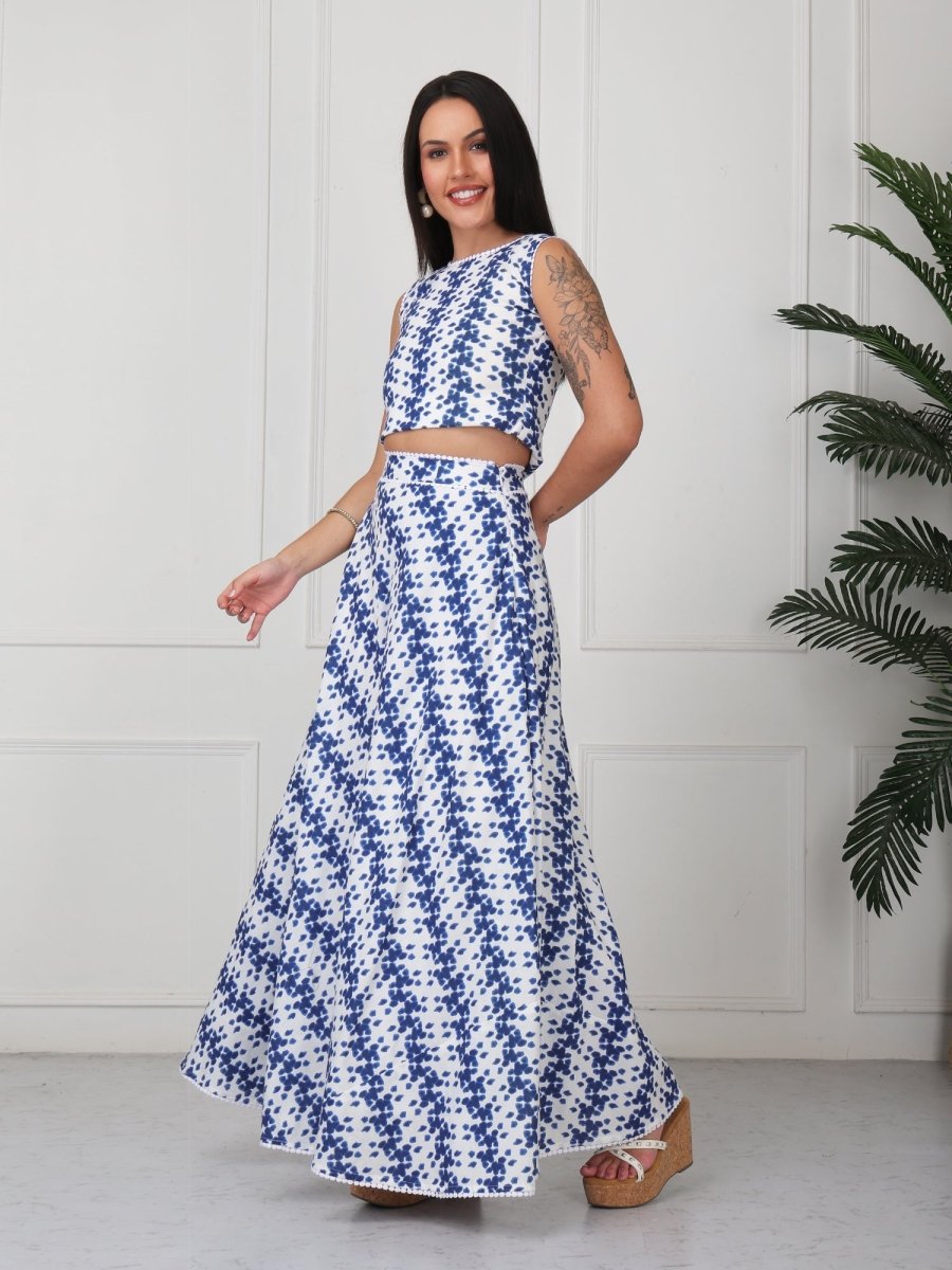 Blue & White Printed Sleeveless Co - Ord Set - GAIIA