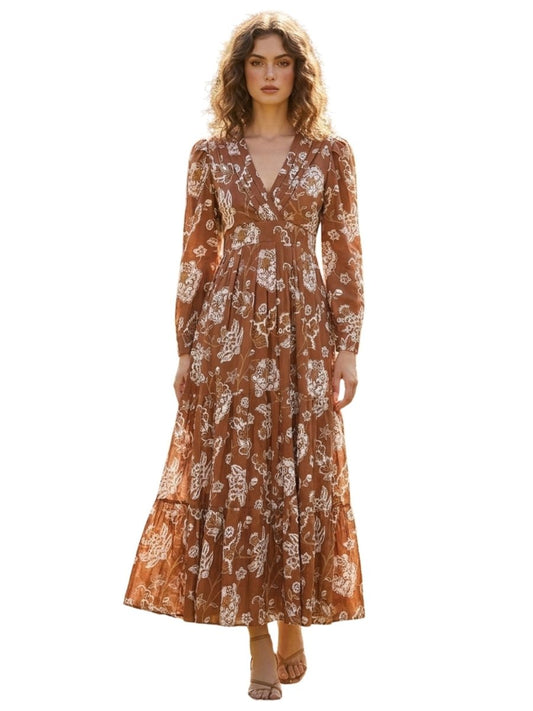 Brown Floral Printed Satin Maxi Dress - GAIIA