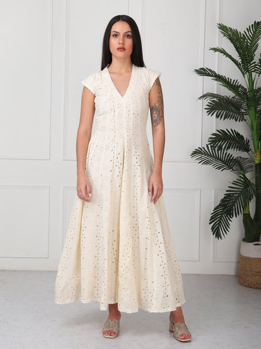 Cream Embroidered Veronica Flared Maxi Dress - GAIIA