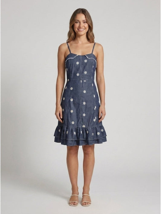Dark Blue Floral Embroidered Satin Midi Dress - GAIIA