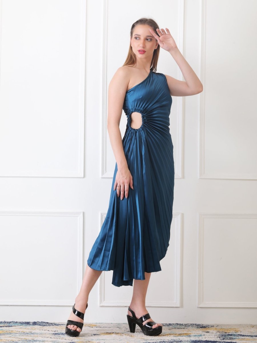 Gaiia Asymmetrical Pleated Dress - Teal - GAIIA