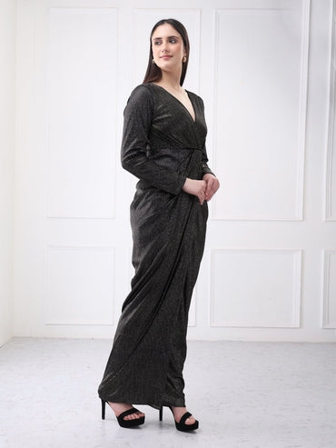 Gaiia Black Shimmer Metallic Wrap Maxi Dress - GAIIA