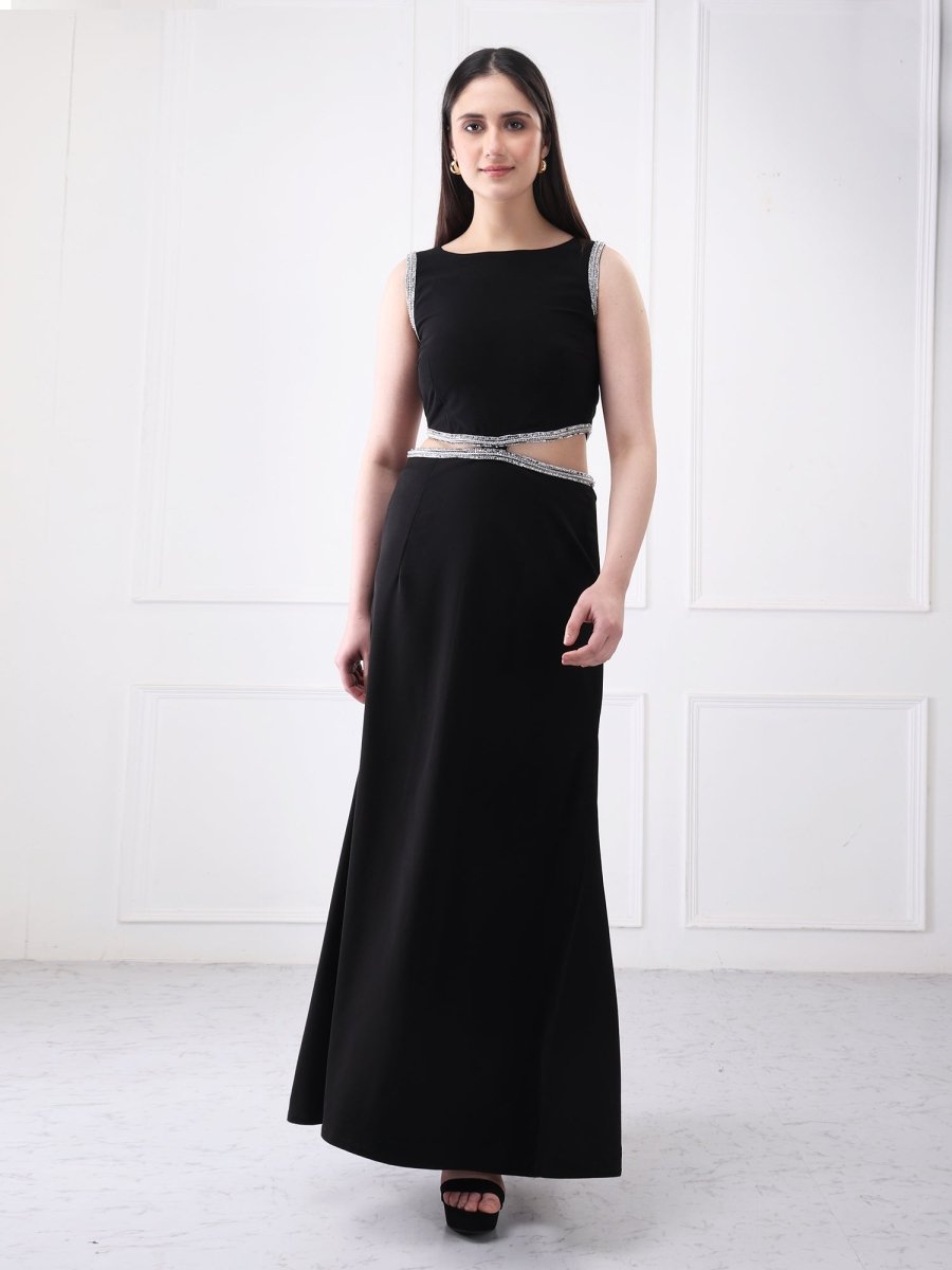 GAIIA Embellished Black Cut Out Maxi Dress