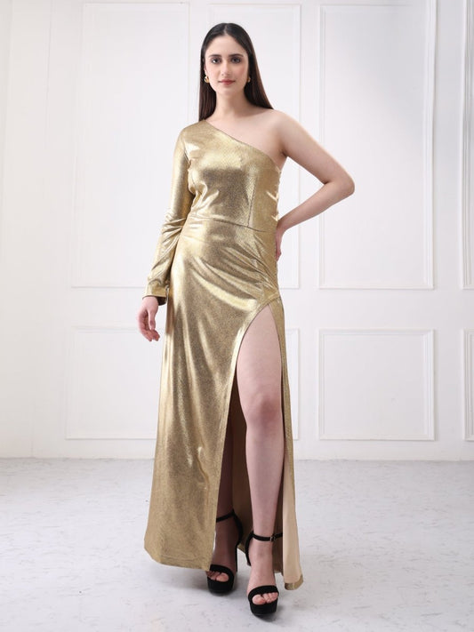 Gaiia Gold One Shoulder Metallic Lycra Long Slit Maxi Dress - GAIIA