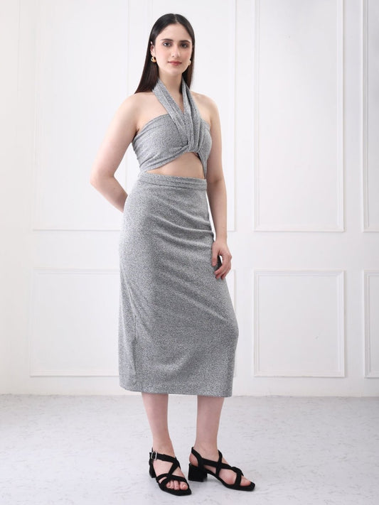 Gaiia Shimmery Halter Neck Cutout Midi Dress - GAIIA