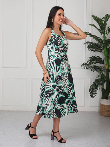Green Printed Halter Neck Midi Dress - GAIIA