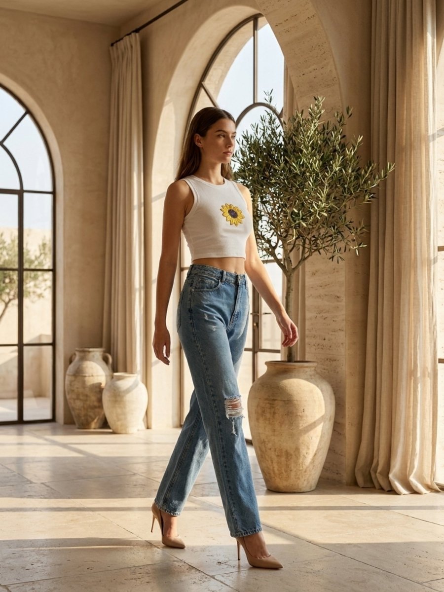 Hand Beaded Sunflower Cotton Tank Top - GAIIA