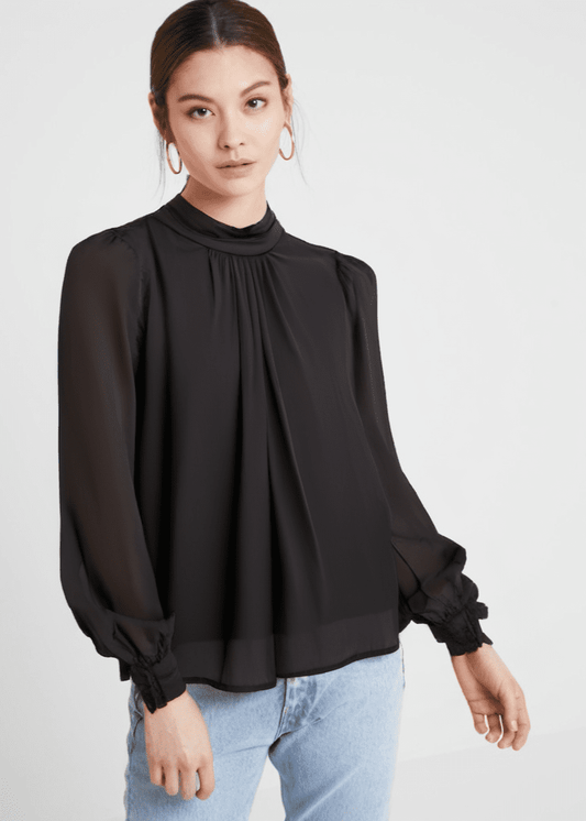 Gaiia Balloon Sleeve Satin Blouse - Black - GAIIA