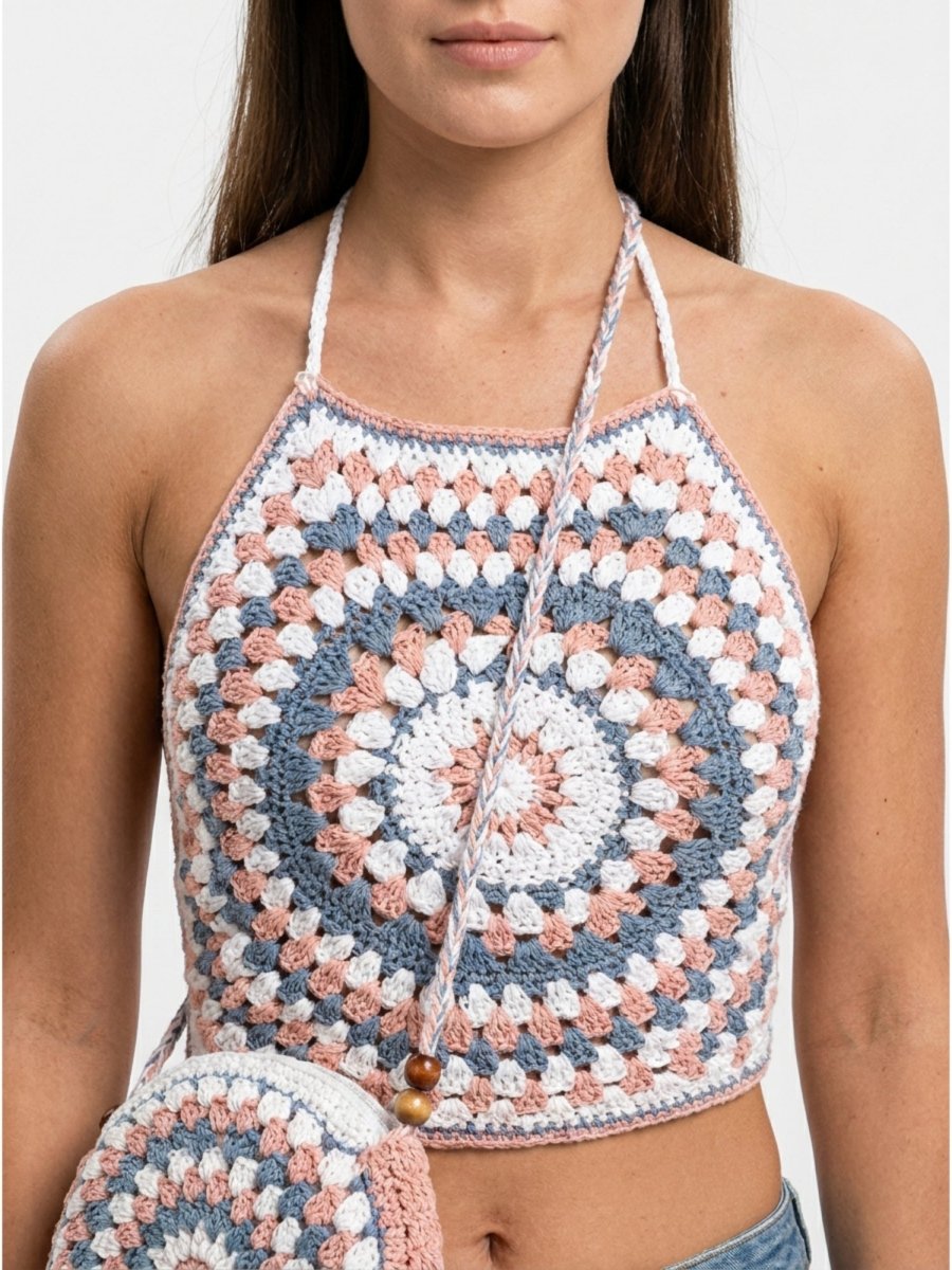 Peach Handcrafted Floral Crosio Knit Set - GAIIA