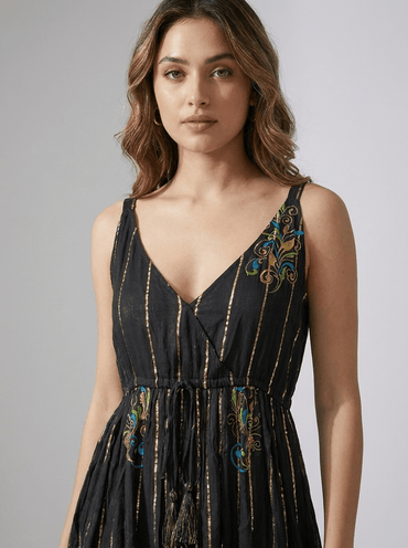 Printed V-Neck Tie-Waist Sleeveless Dress - GAIIA