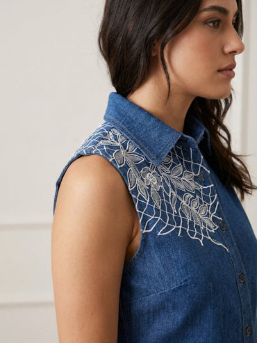 Royal Dark Blue Floral Thread Denim Co - Ord Set - GAIIA