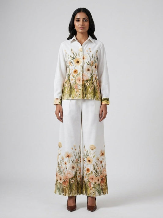 White Floral Print Shirt With Palazzo Co - Ord Set - GAIIA