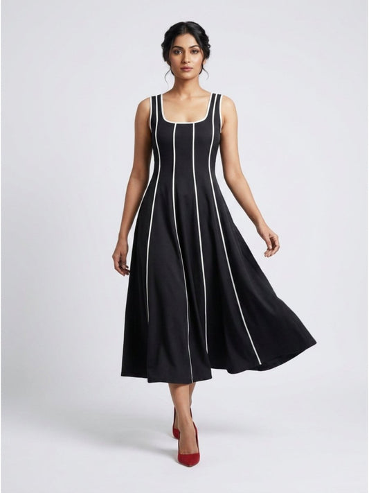 Women Black Contrast Panel Fit & Flare Midi Dress - GAIIA