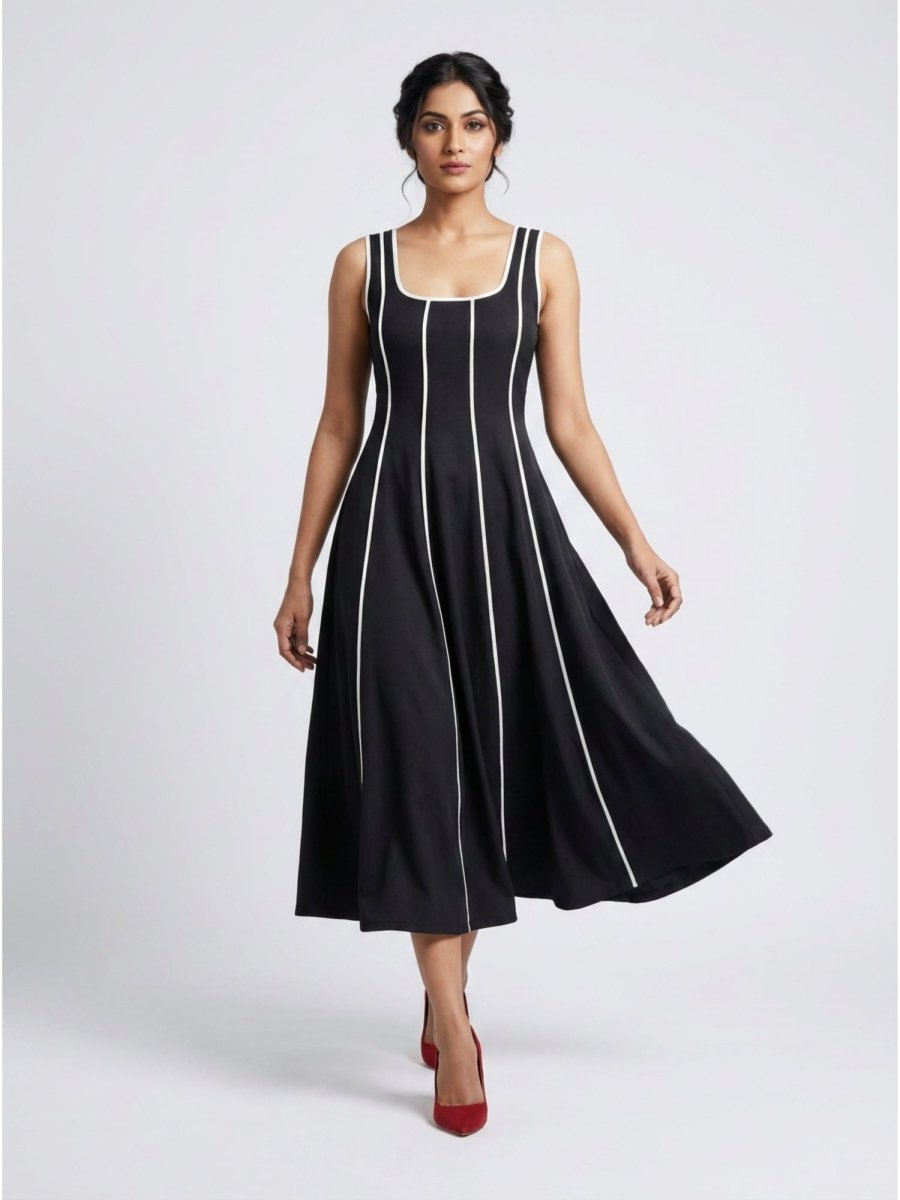 Women Black Contrast Panel Fit & Flare Midi Dress - GAIIA