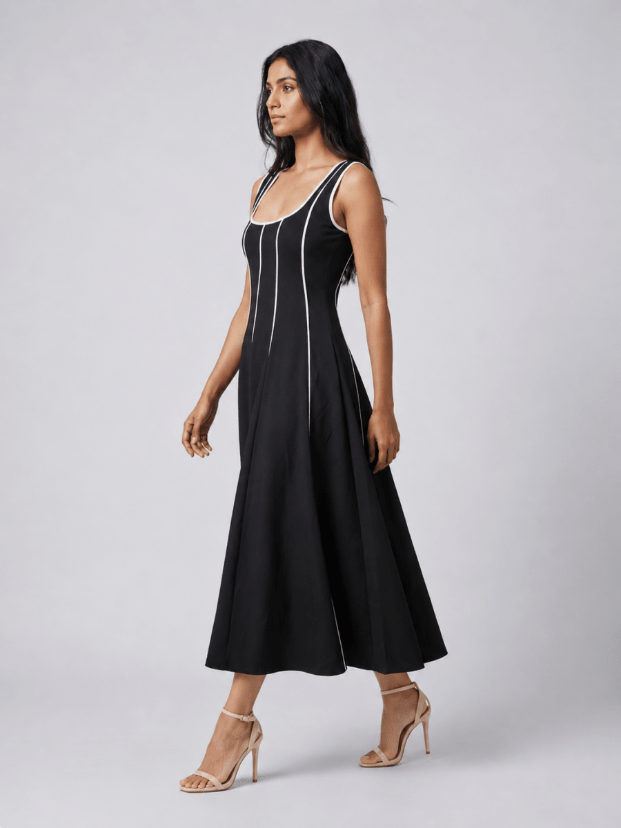 Women Black Contrast Panel Fit & Flare Midi Dress - GAIIA