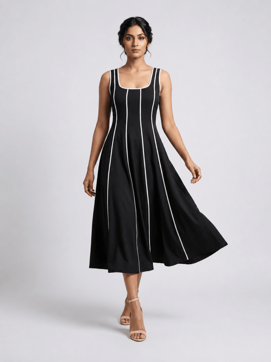 Women Black Contrast Panel Fit & Flare Midi Dress - GAIIA