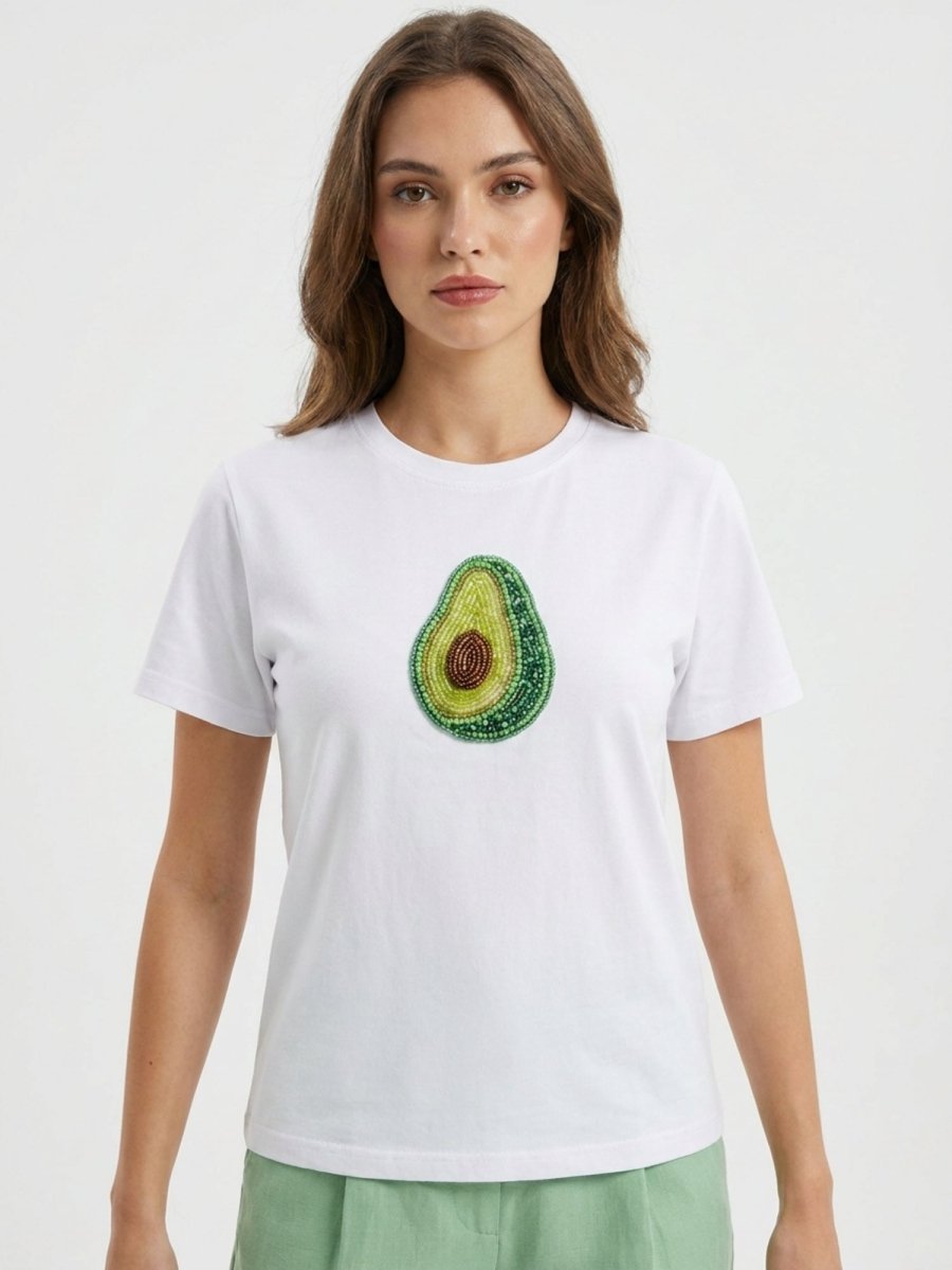 Women White With Green Avocado Motif Cotton Crop Top - GAIIA