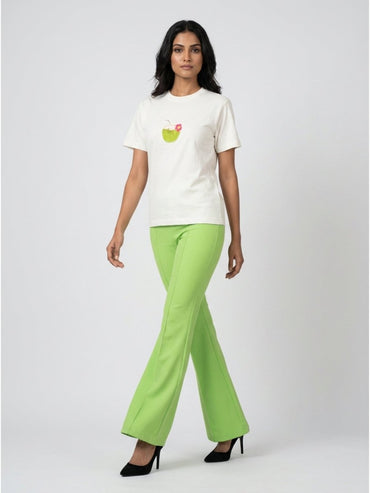 Women White With Green Coconut Drink Motif Cotton T-Shirt - GAIIA