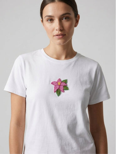 Women White With Pink Star Motif Embellished Regular Fit T-Shirt - GAIIA