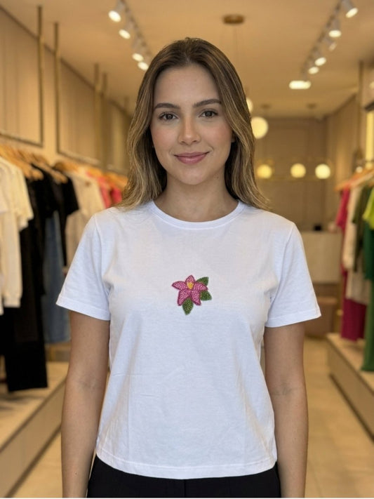 Women White With Pink Star Motif Embellished Regular Fit T-Shirt - GAIIA
