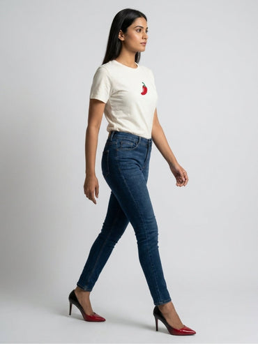 Women White With Red Chilli Motif Embellished Regular Fit Crop Top - GAIIA