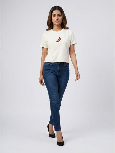 Women White With Red Chilli Motif Embellished Regular Fit Crop Top - GAIIA