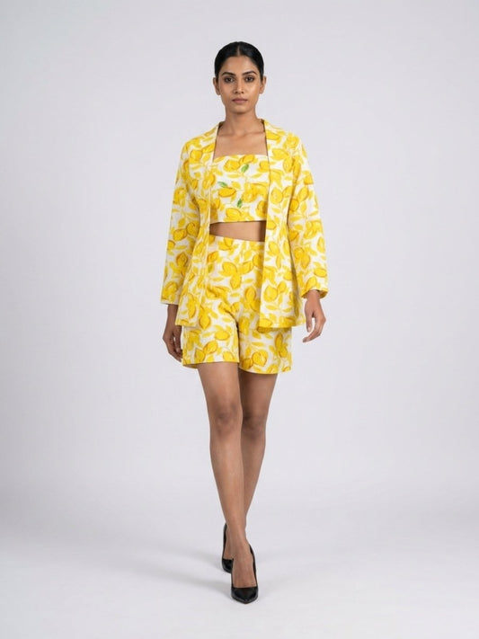 Yellow Cotton Floral Printed 3 - Piece Co - Ord Set - GAIIA
