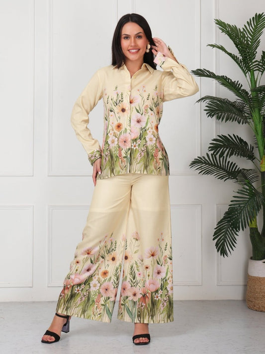 Yellow Floral Print Shirt With Palazzo Co - Ord Set - GAIIA