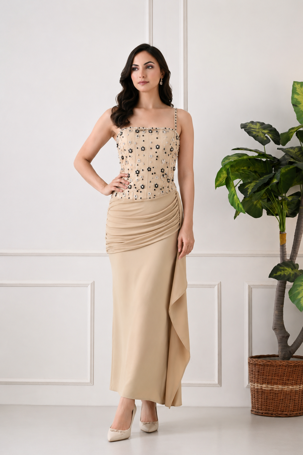 Champagne Floral Ruched Dress