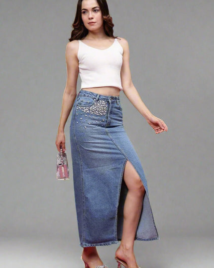 Denim Long Pencil Skirt