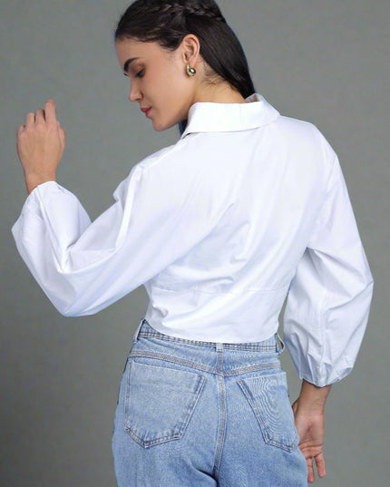 Women White Solid Waist Cut Collared Shirt