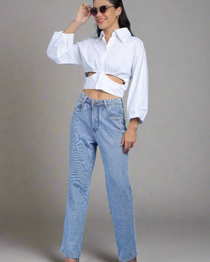 Women White Solid Waist Cut Collared Shirt