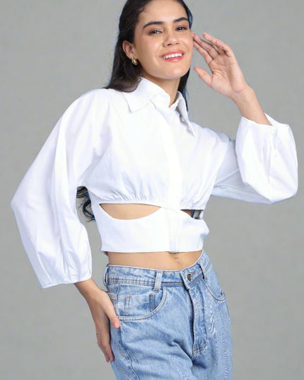 Women White Solid Waist Cut Collared Shirt