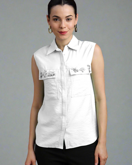 Women Pocket Stone Sleeveless Shirt