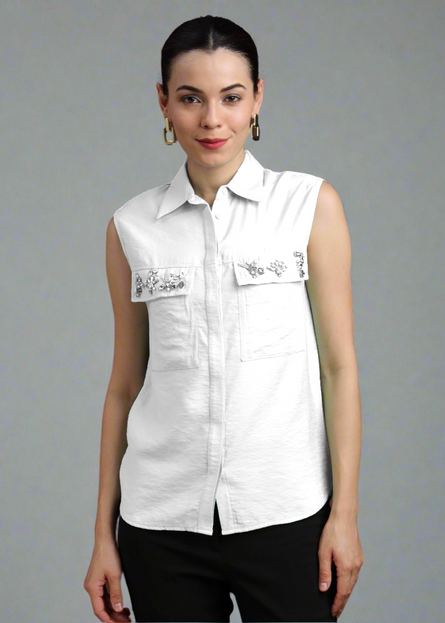 Women Pocket Stone Sleeveless Shirt